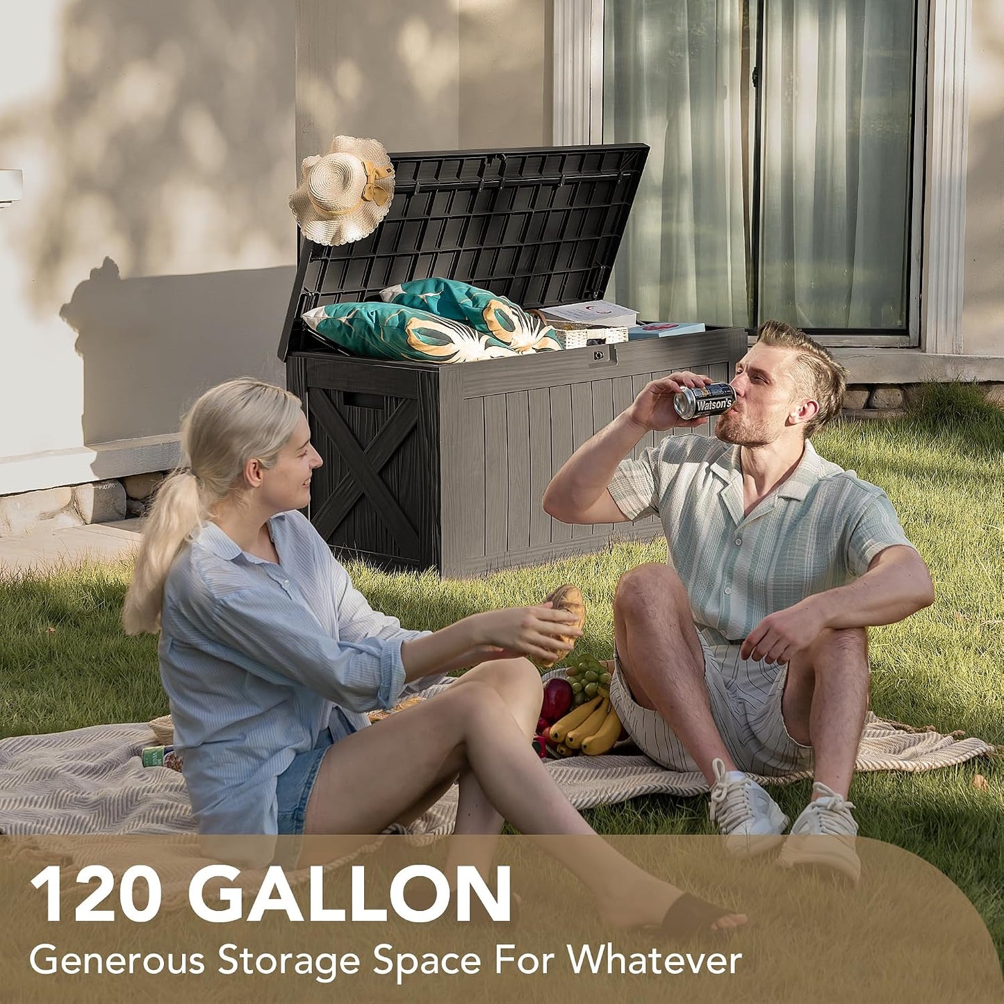 Devoko 120 Gallon Deck Box Resin Outdoor Storage Box Waterproof for Patio, Large Outdoor Storage Bench Lockable for Outside (Black)