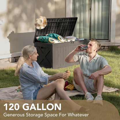 Devoko 120 Gallon Deck Box Resin Outdoor Storage Box Waterproof for Patio, Large Outdoor Storage Bench Lockable for Outside (Black)