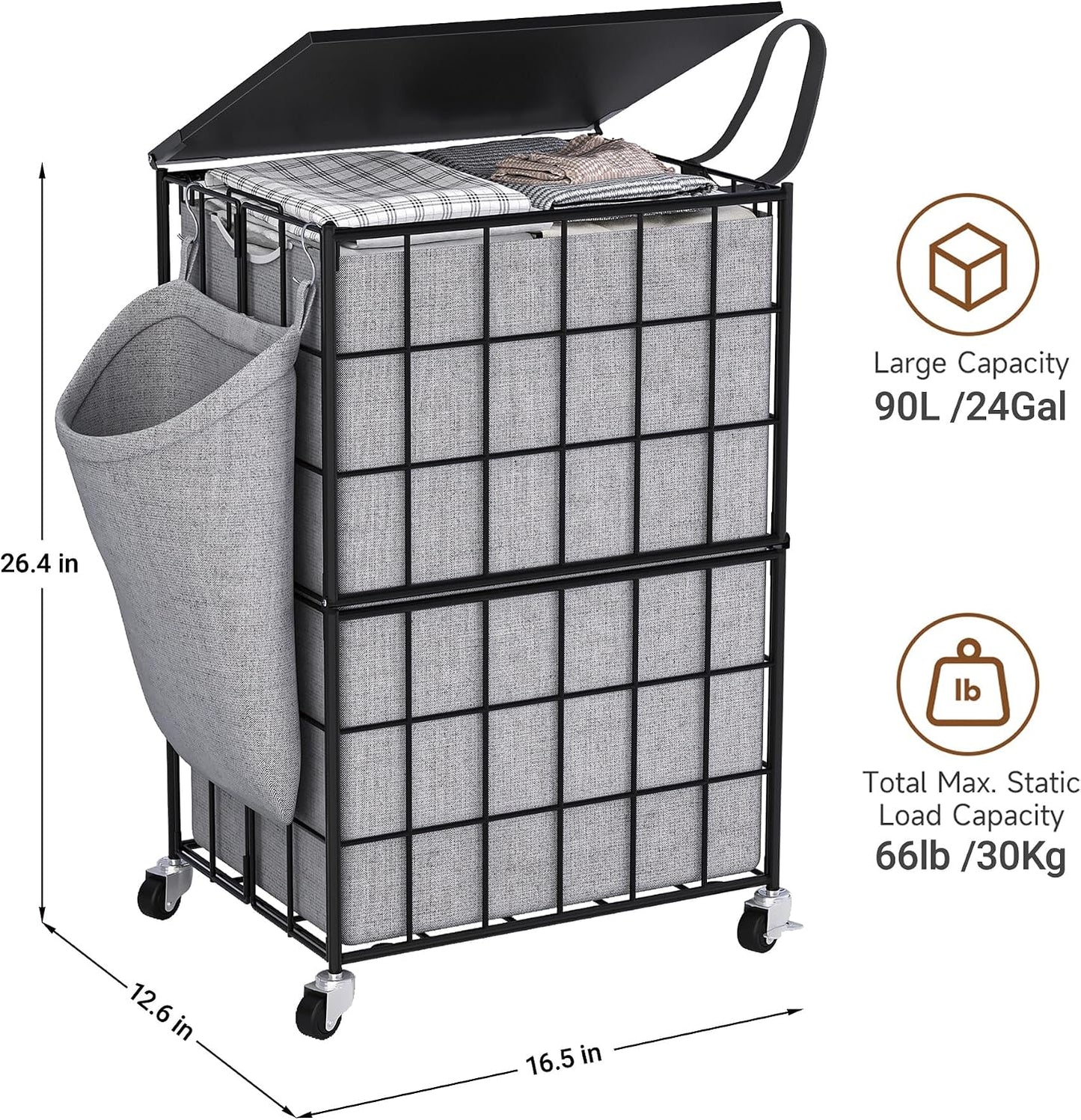 Laundry Basket with Wheels, Heavy Duty Laundry Sorter 2 Sections, 120L (32Gal.) Large Capacity Laundry Hamper with Wood Lid, 360 Rolling Wheels, Extra Side Pocket, Leather Pull Handle, Beige