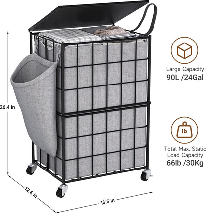 Laundry Basket with Wheels, Heavy Duty Laundry Sorter 2 Sections, 120L (32Gal.) Large Capacity Laundry Hamper with Wood Lid, 360 Rolling Wheels, Extra Side Pocket, Leather Pull Handle, Beige