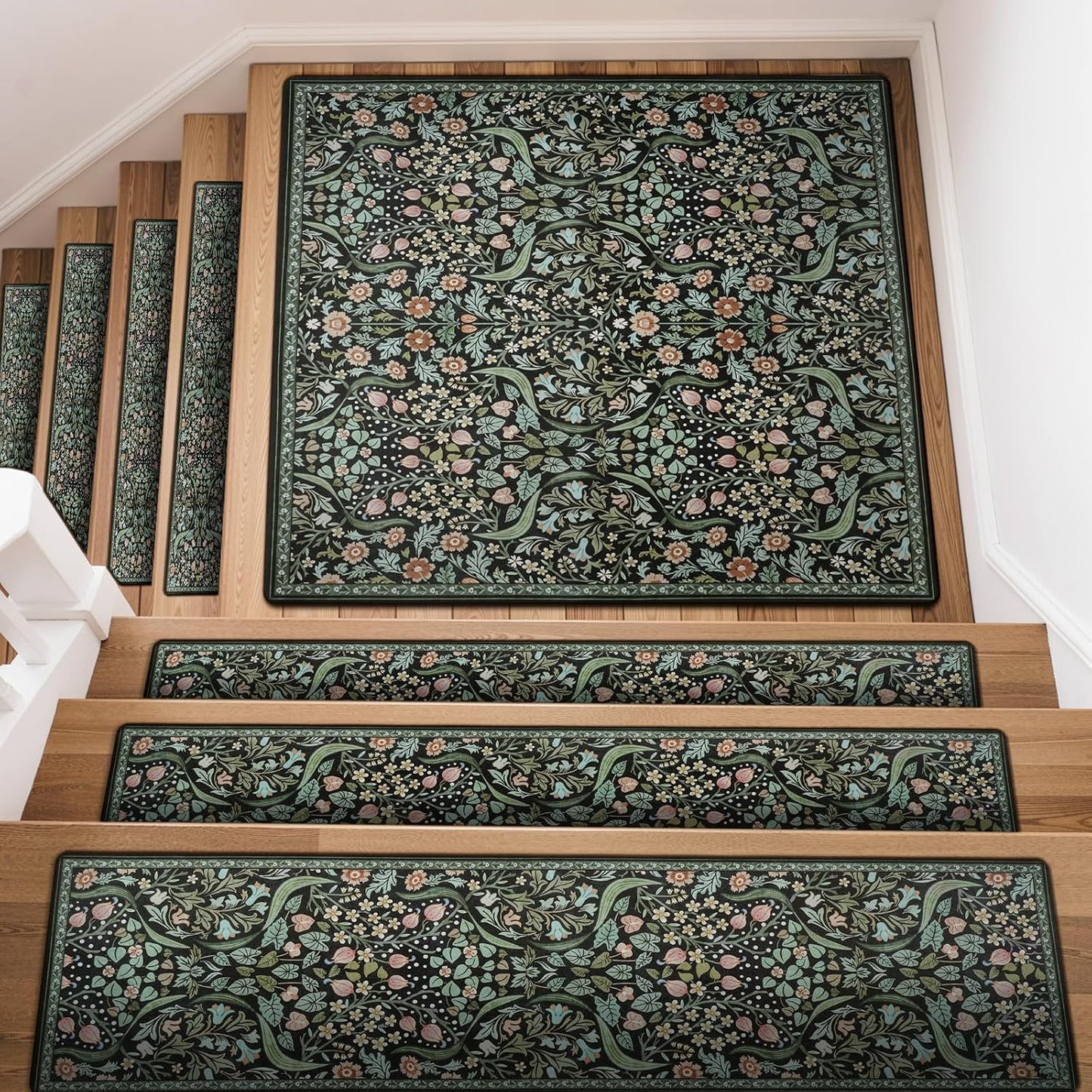OJIA Floral Stair Treads Non-Slip Stair Runner for Wooden Steps Indoor 15PCS 30"x8" Carpet Stair Treads Stair Mats Staircase Step Treads for Kids, Elders and Dogs, Stair Covers, Black