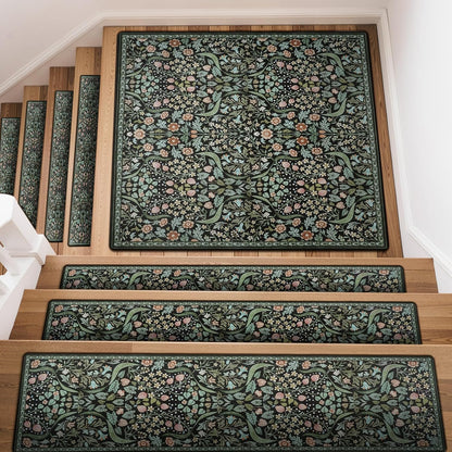 OJIA Floral Stair Treads Non-Slip Stair Runner for Wooden Steps Indoor 15PCS 30"x8" Carpet Stair Treads Stair Mats Staircase Step Treads for Kids, Elders and Dogs, Stair Covers, Black