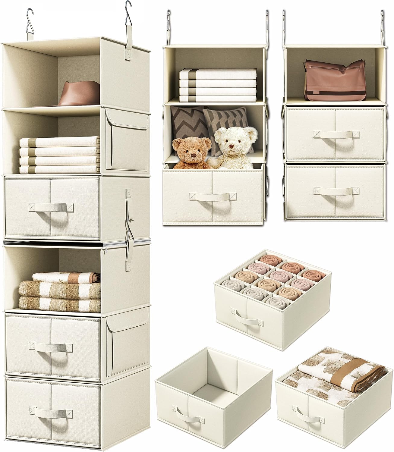 Vailando 6-Shelf Hanging Closet Organizer with 3 Drawers, 2 Separable 3-Shelf Closet Organizers and Storage for Wardrobe Organization, Hanging Dresser for Nursury & Dorm Clothes Organizer