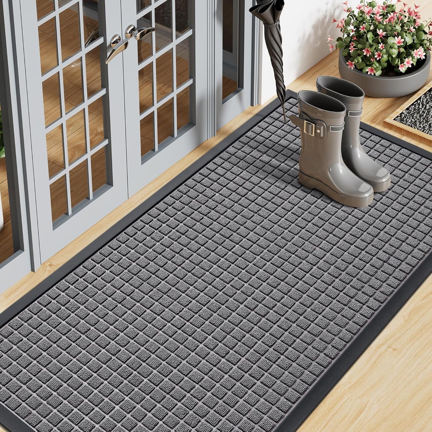 Smiry Front Door Mat Outside Entrance, Heavy Duty Natural Rubber Doormat, Non Slip, Trap Dirt and Moisture, Easy Clean, Low Profile Welcome Floor Mats for Indoor Outdoor Entry, 29.5x17 Inch, Black