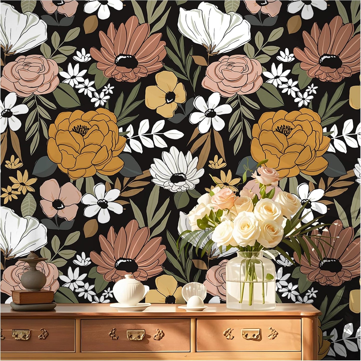 Floralplus Floral Wallpaper Peel and Stick Removable Wallpaper Boho Renter Friendly Dark Flower Wallpapers Contact Paper for Walls Cabinet Bedroom Bathroom Decor 17.5 in x 118 in
