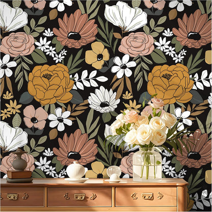 Floralplus Floral Wallpaper Peel and Stick Removable Wallpaper Boho Renter Friendly Dark Flower Wallpapers Contact Paper for Walls Cabinet Bedroom Bathroom Decor 17.5 in x 118 in