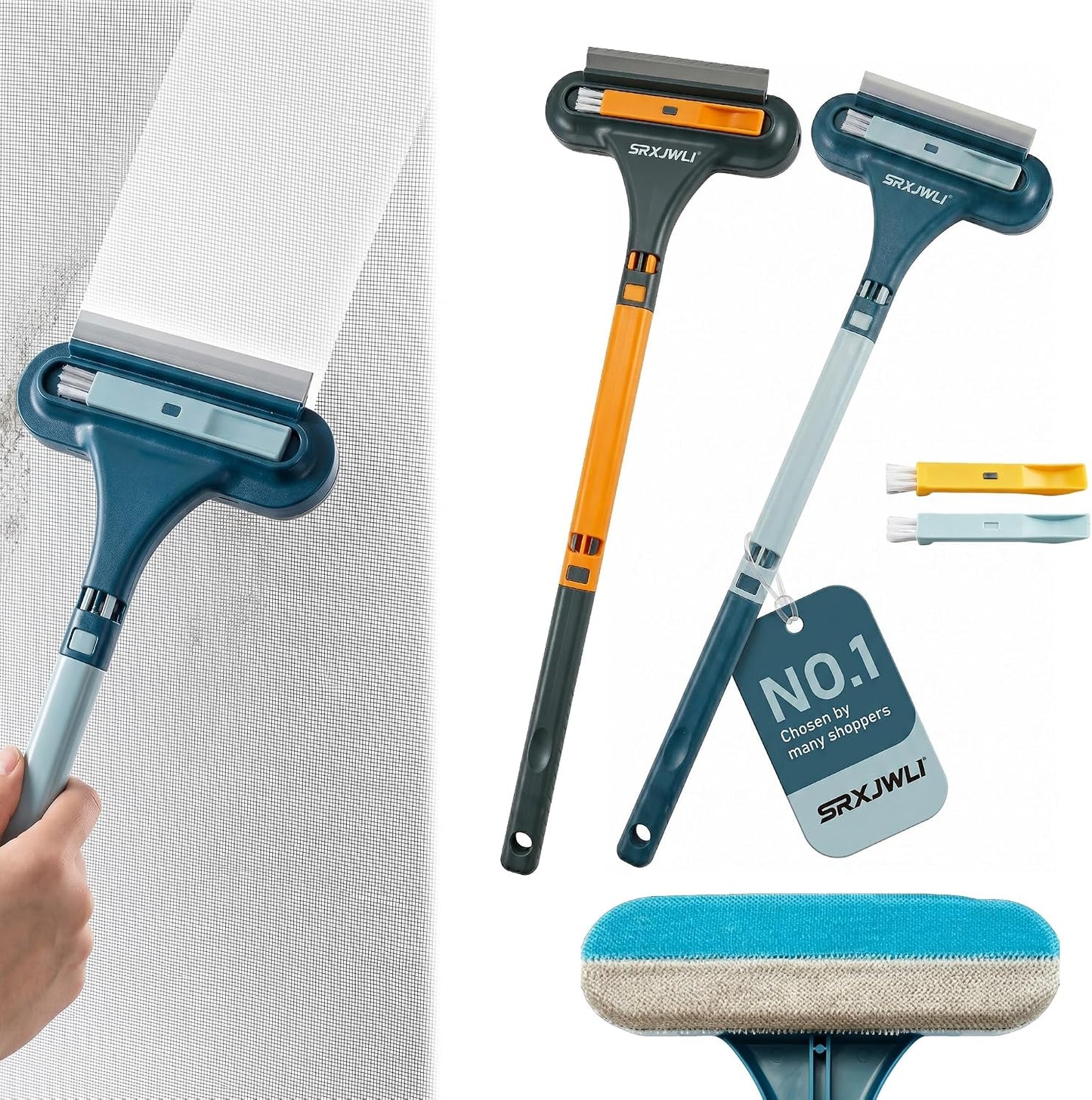 Window Screen Cleaner Tool Outdoor Mesh Cleaning Brush Full Crystal Glass Door LCD Track Hose Washer Windshield Clean 2-in-1 Multi-Purpose Double-Sided Kit with Vacuum Squeegee Handle(Blue)