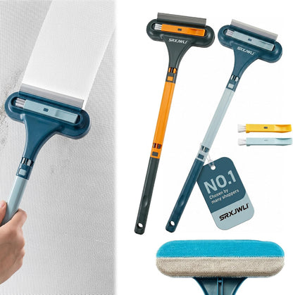 Window Screen Cleaner Tool Outdoor Mesh Cleaning Brush Full Crystal Glass Door LCD Track Hose Washer Windshield Clean 2-in-1 Multi-Purpose Double-Sided Kit with Vacuum Squeegee Handle(Blue)