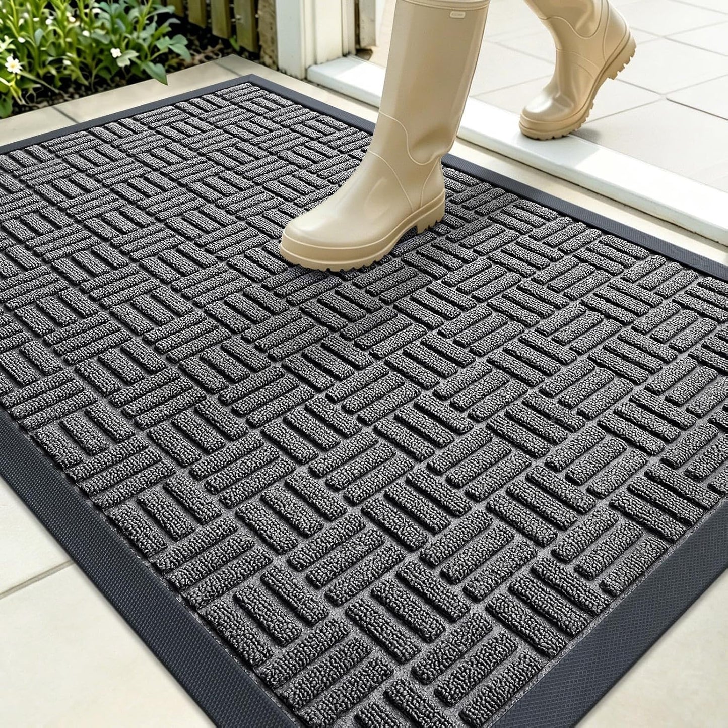 OLANLY Front Door Mat Outside Entrance 29.5x17, Absorbent, Heavy Duty Sturdy Natural Rubber Doormat Indoor Outdoor, Stain and Fade Resistant, Non-Slip Backing Low Profile Floor Mat for Entryway, Grey