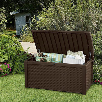 Keter Outdoor Storage Deck Box for Patio, Backyard & Garden, Borneo, 110 Gal, Grey - Lockable, Organizing, and Waterproof Plastic Container Bench