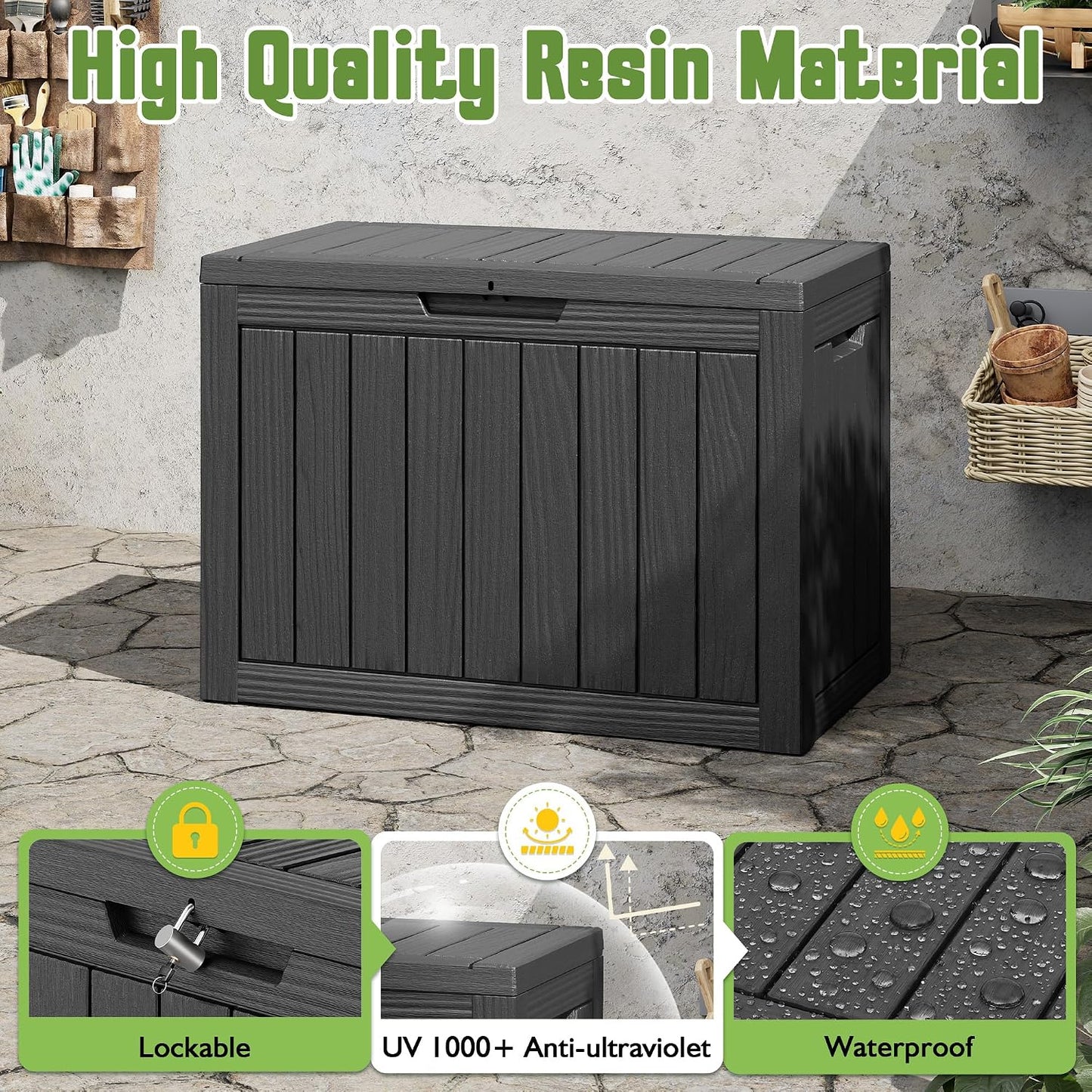 KAMABOKO 31 Gallon Outdoor Storage Box, Resin Deck Boxes Indoor and outdoor, Waterproof Storage Box Lockable Lid for Garden Tools, Package Delivery, Pool Supplies, Patio Cushions, Black
