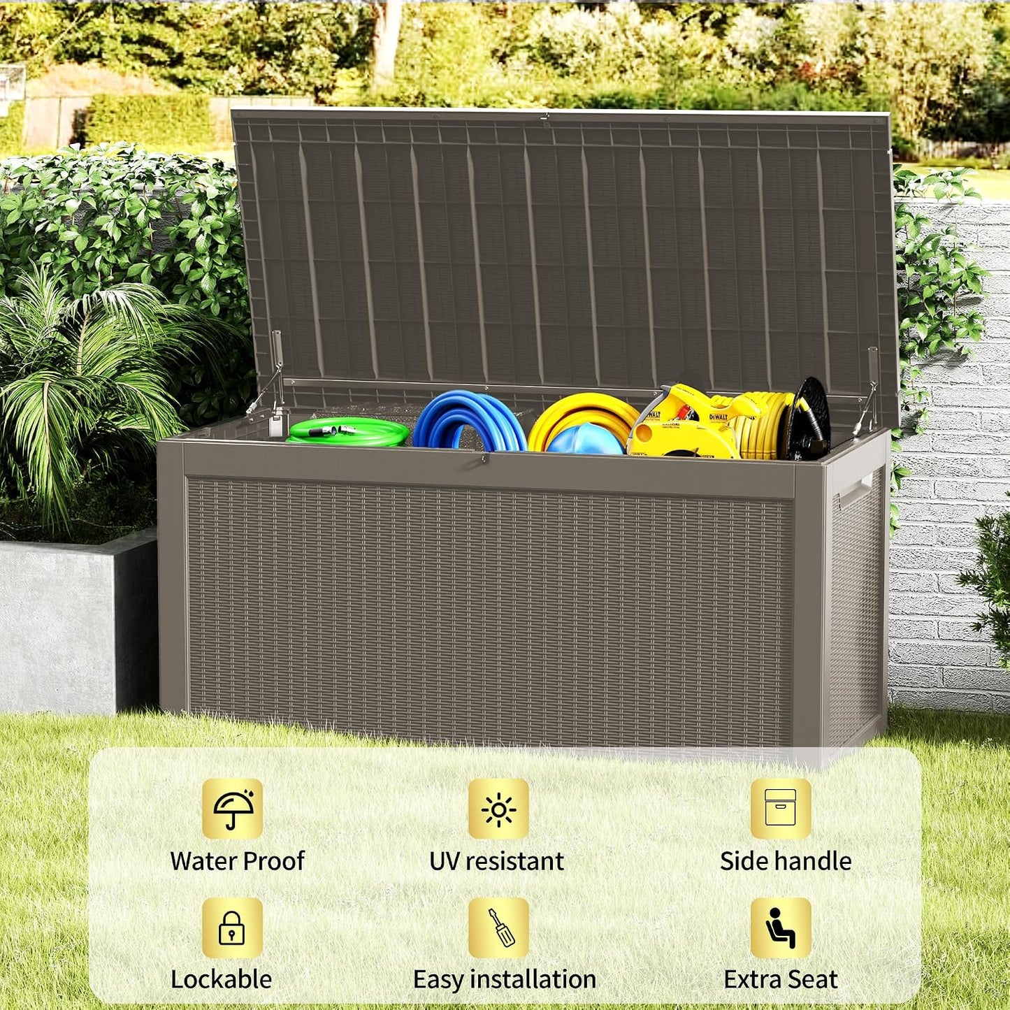 TARKARI 320 Gallon Lockable Resin Deck Box, Waterproof & UV-Resistant Outdoor Storage Box for Outdoor Cushion Storage, Garden Tools & Pool Accessories Storage, Black