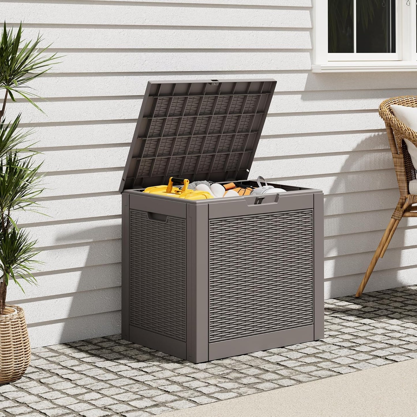 Outdoor Storage Box, Resin Deck Boxes Indoor and outdoor, Waterproof Storage Box Lockable Lid (Black, 85 Gallon)