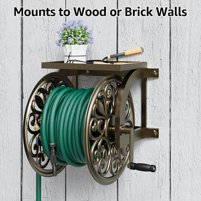 GOFORWILD Garden Wall Mount Hose Reel, Decorative Hose Reel, Garden Heavy-Duty Water Hose Holder Winder, Holds 200-Feet of 5/8-Inch Hose