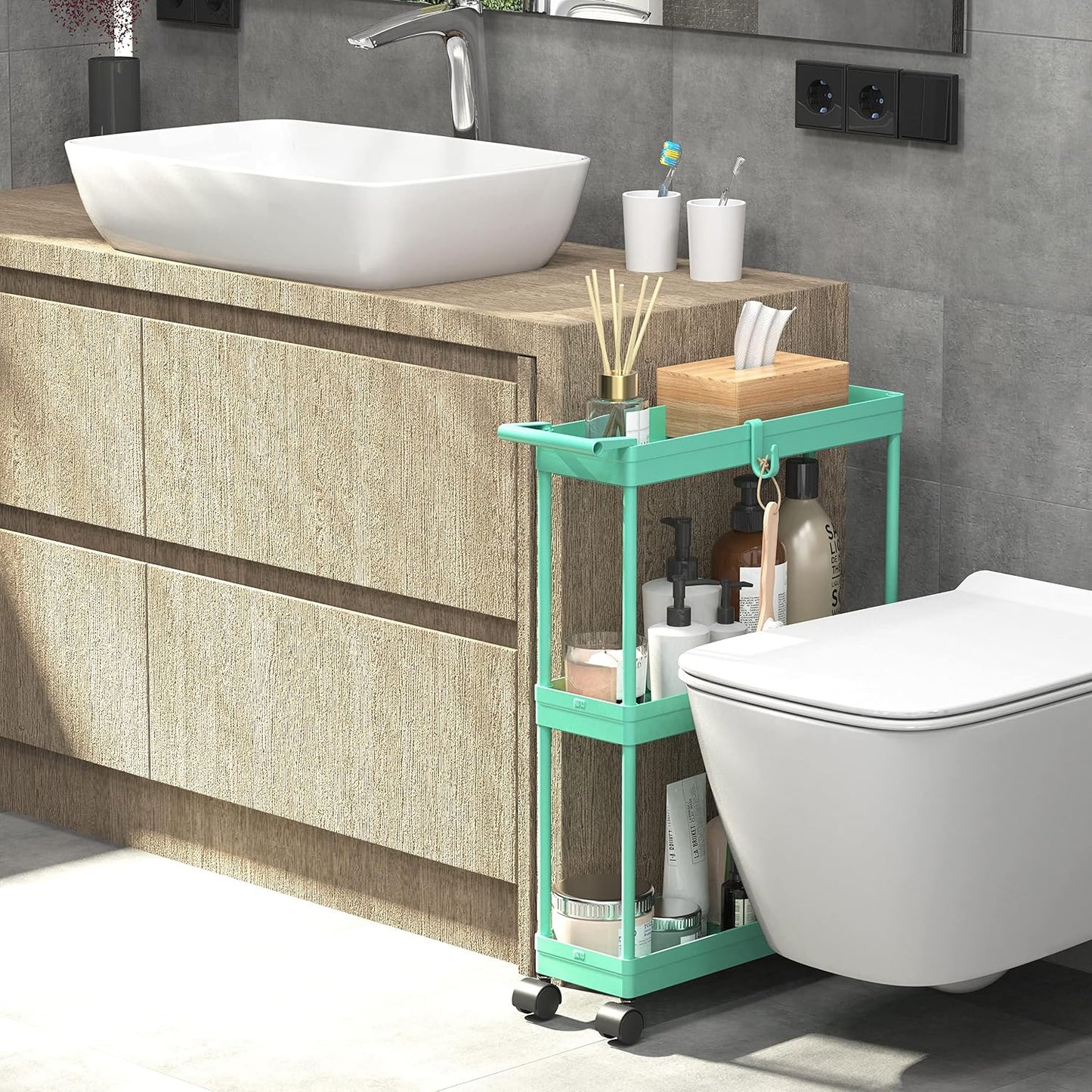 Simple Houseware 3-Tier Slim Rolling Cart w/Handle 5.5" Wx27.5 H, Turquoise | Storage Cart for Narrow Space (5.5-Inch Wide) Kitchen, Bathroom, Laundry Room