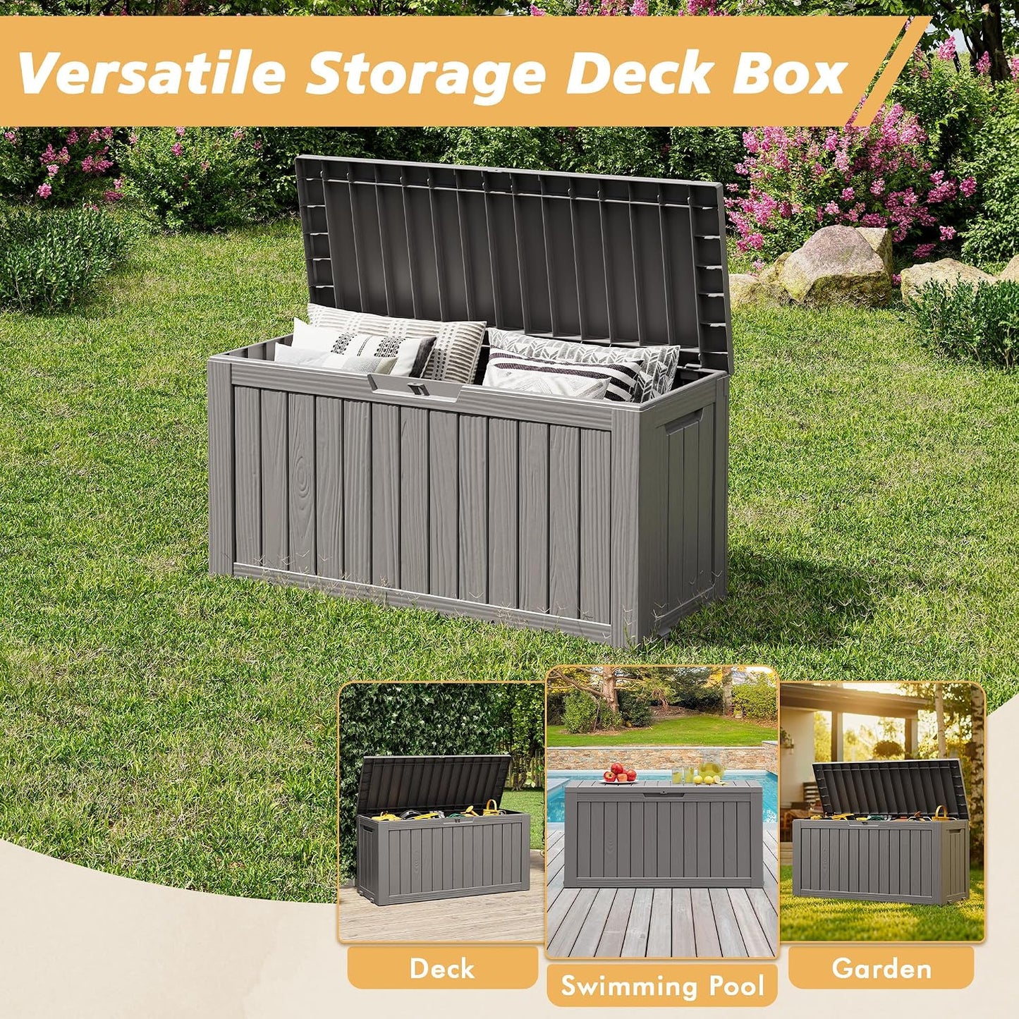 Fancyango 75 Gallon Outdoor Deck Box Waterproof, Large Storage Box for Patio, Resin Storage Bench Lockable for Garden Tools, Package Delivery, Black