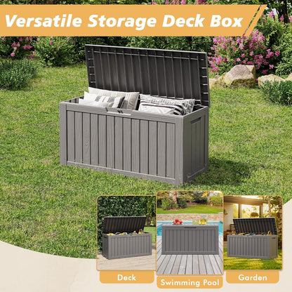 Fancyango 75 Gallon Outdoor Deck Box Waterproof, Large Storage Box for Patio, Resin Storage Bench Lockable for Garden Tools, Package Delivery, Black