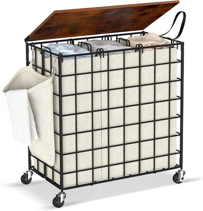Laundry Basket with Wheels, Heavy Duty Laundry Sorter 3 Sections, 140L (37Gal.) Large Capacity Laundry Hamper with Wood Lid, 360 Rolling Wheels, Extra Side Pocket, Leather Pull Handle (Beige)