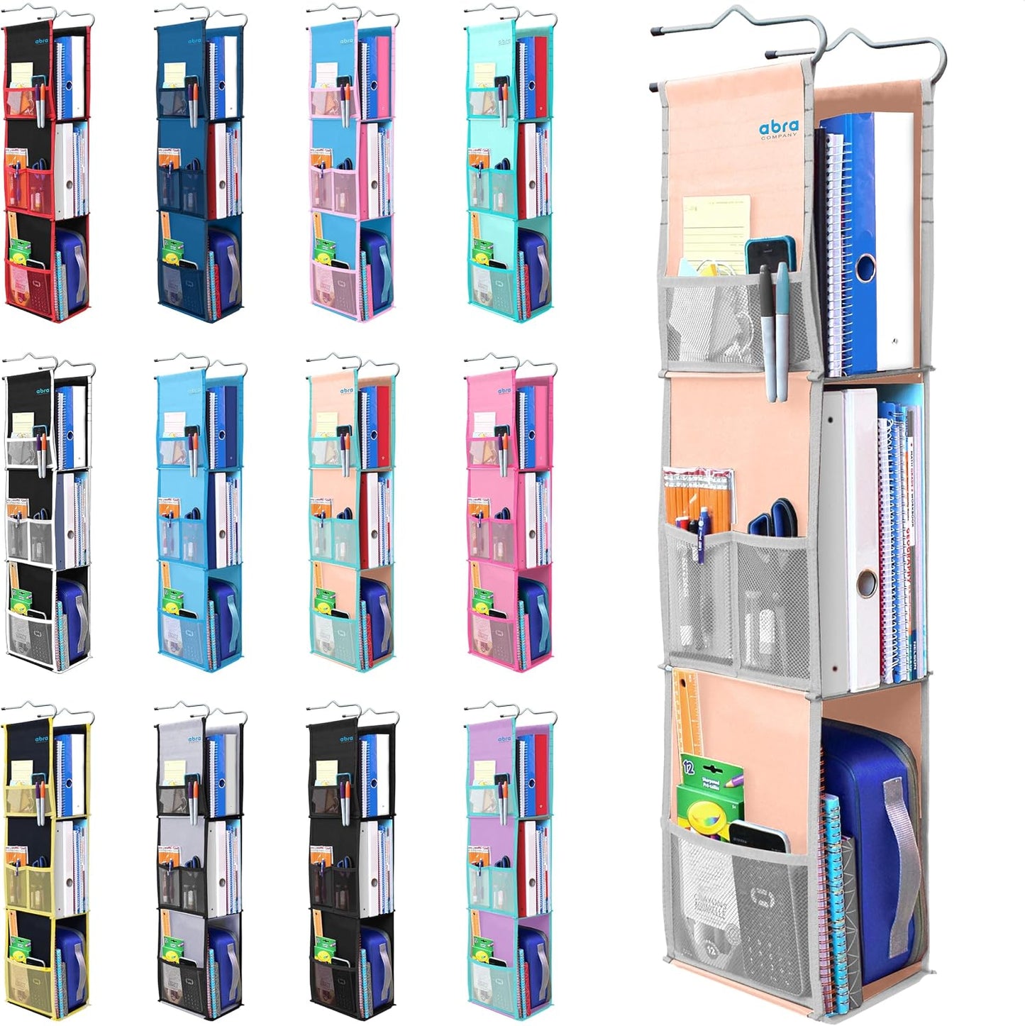 ABRA® 3 Shelf Hanging Locker Organizer for School, Gym, Work, Storage | Deep Shelves 6”x 9”| Eco-Friendly Fabric Healthy for Children | Adjustable School Locker Shelf 3 to 2 Shelves (Pink)
