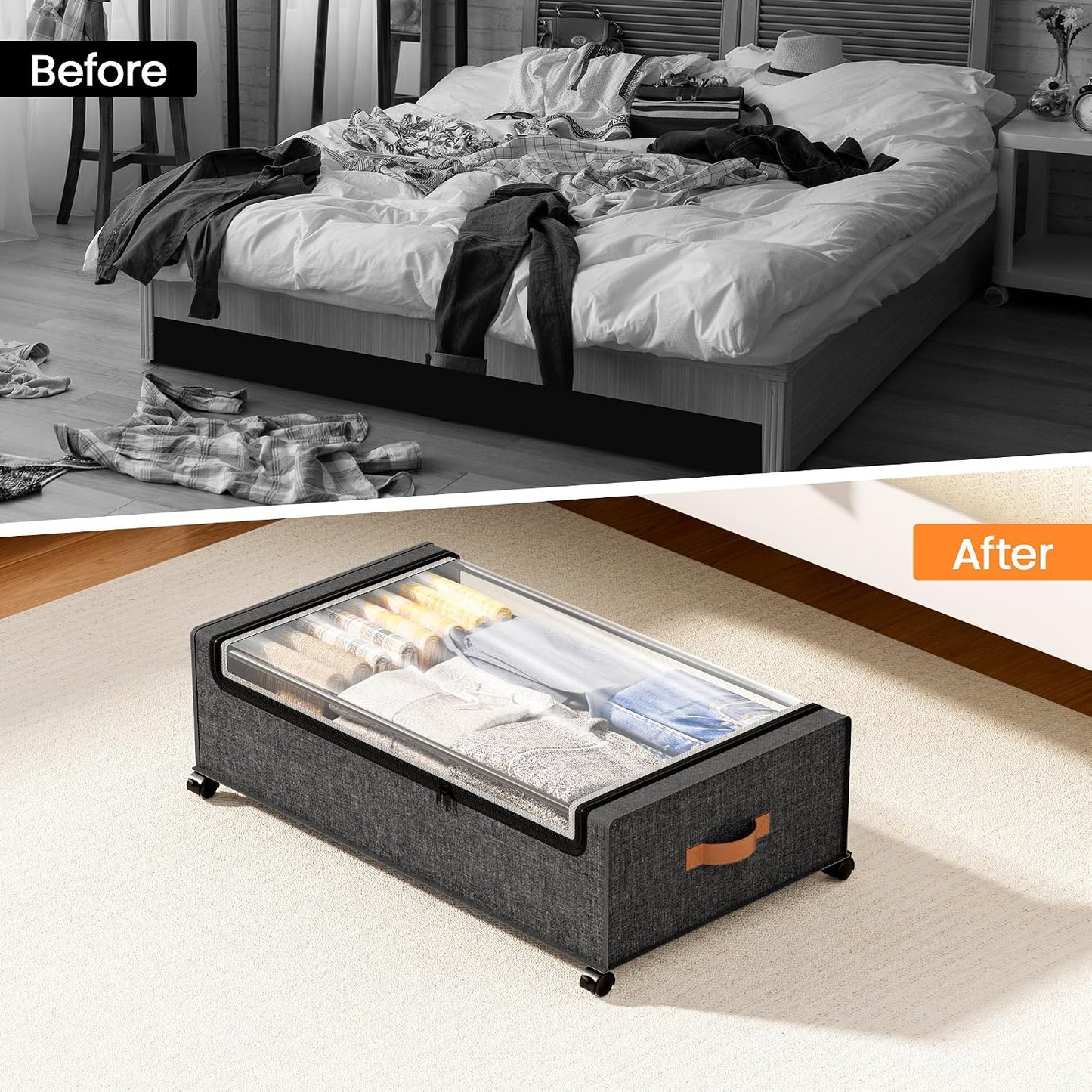 Yecaye Under Bed Storage with Wheels, 2 Pack Under Bed Storage Containers, 60L Underbed Shoe Storage with Clear Window & Label, Rolling Under Bed Metal Drawer for Clothes, Shoes, Books, Blankets