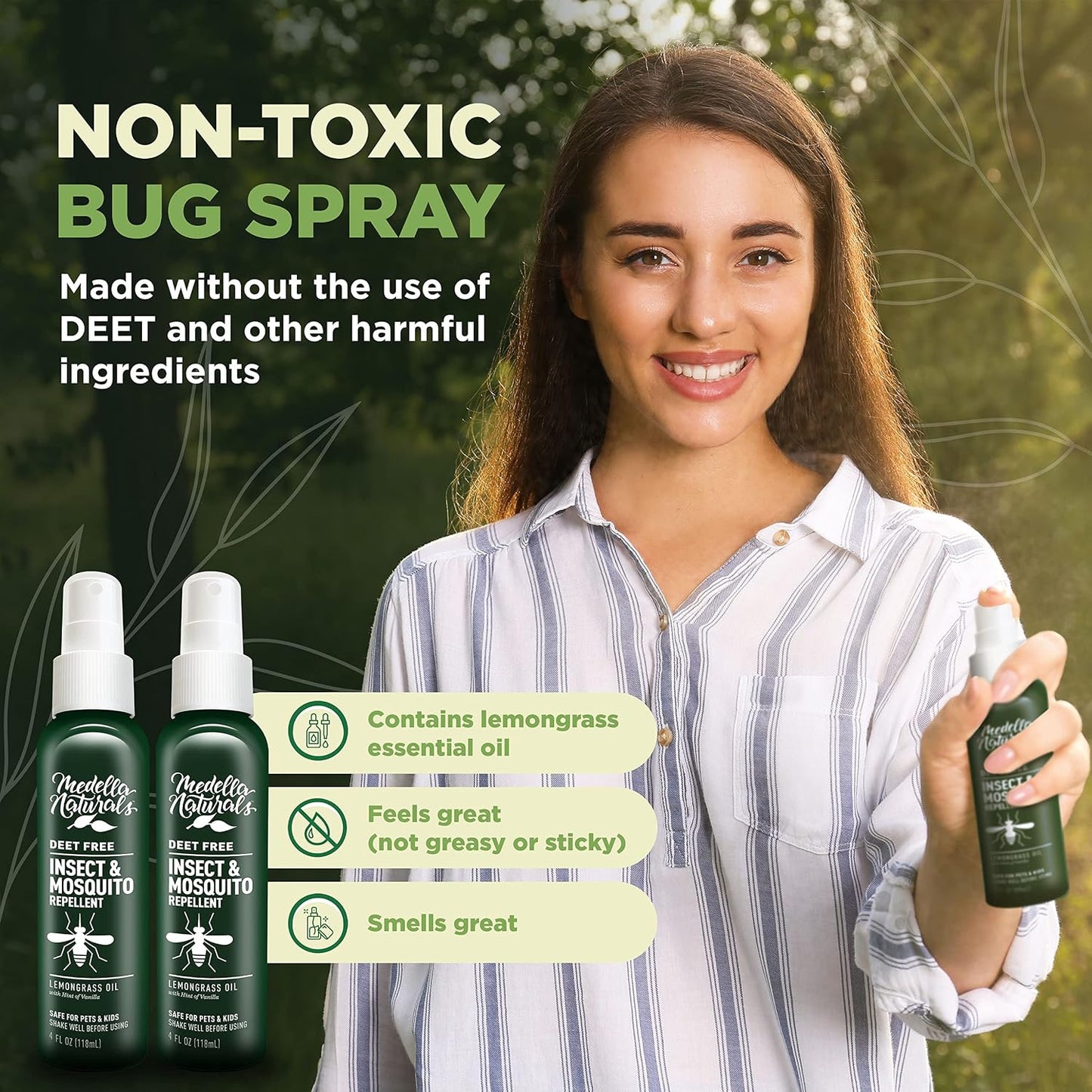 Deet-Free Insect & Mosquito Repellent – Nice Smelling, Pack of 2 (4 oz) | Insect Repellent with Lemongrass Oil Safe for Pets and Kids – Bug Spray Against Mosquitoes, Gnats, Black Flies, and No-See-um