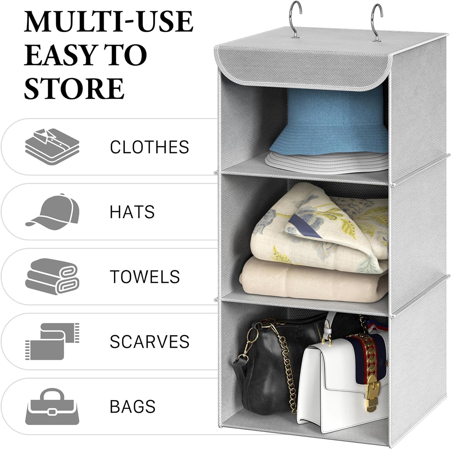 Simple Houseware 3-Shelf Hanging Closet Organizer, Fabric Storage Shelves with 57L Capacity, Black