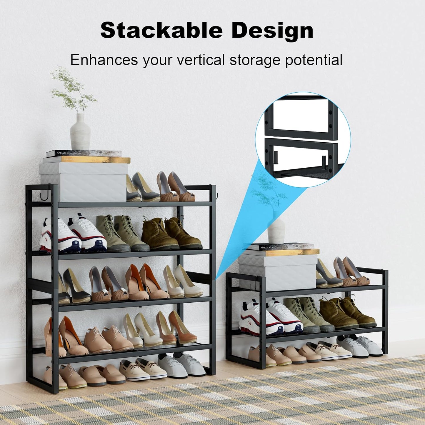 CHEMPFR Expandable & Stackable Metal Shoe Rack, Heavy-Duty Adjustable Shoe Organizer with Mesh Shelves, Freestanding Shoe Storage for Entryway Closet Garage (Black 3-Tier)