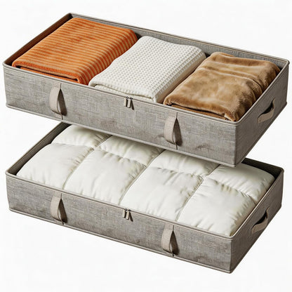 Vailando Side-Supported Under Bed Storage Containers, 6 Inches Tall 60L Underbed Storage Bins with Sturdy Handles and Sidewalls, Closet Organizer for Clothes, Blankets, Seasonal Items, Beige, 2-Pack