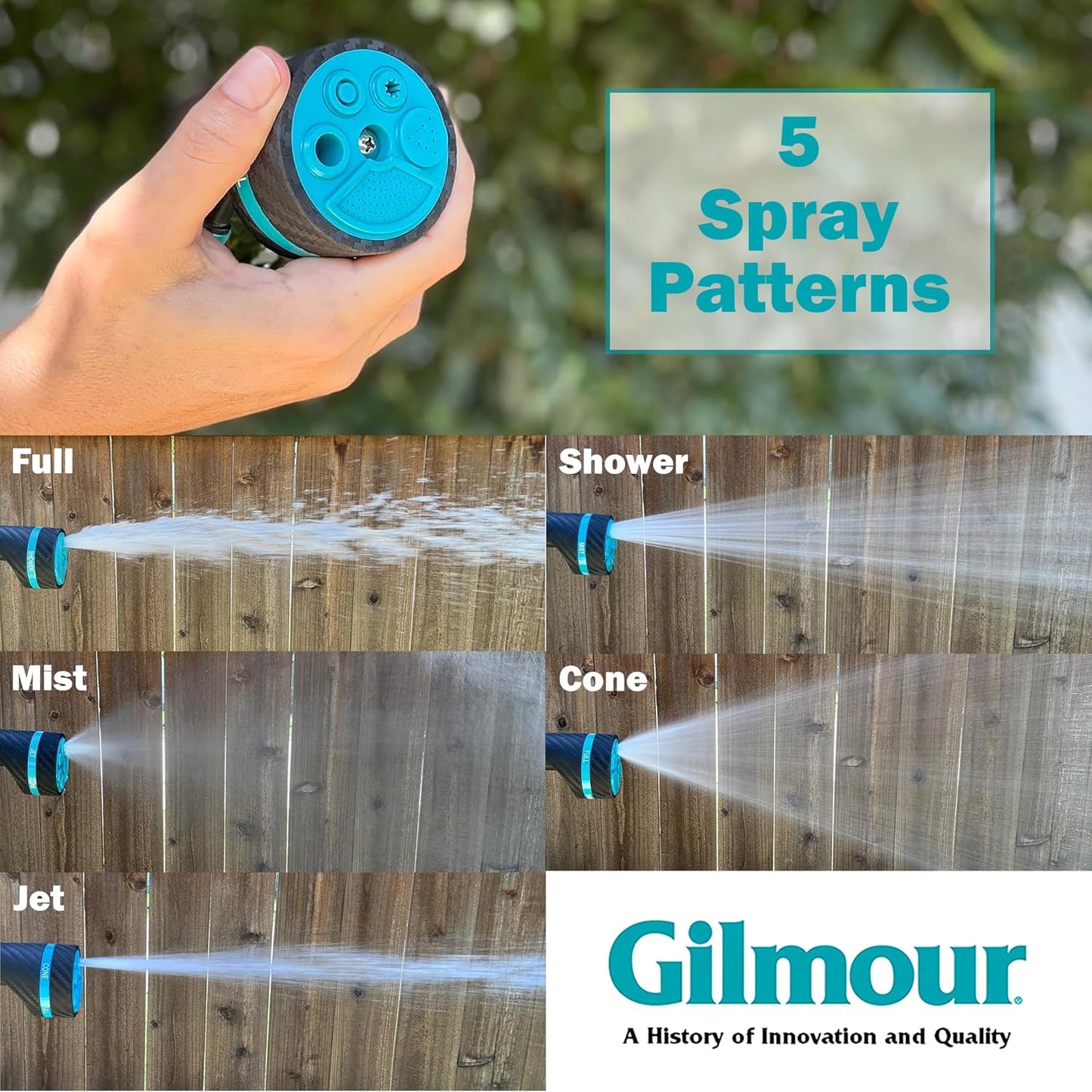 Gilmour Heavy Duty Garden Hose Nozzle, Swivel Connect, 5 Spray Patterns, Ergonomic Grip, Flow Control, Trigger Lock, Button Control