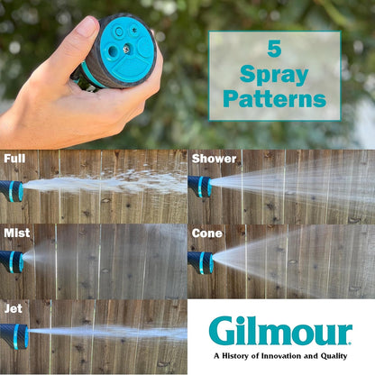 Gilmour Heavy Duty Garden Hose Nozzle, Swivel Connect, 5 Spray Patterns, Ergonomic Grip, Flow Control, Trigger Lock, Thumb Control