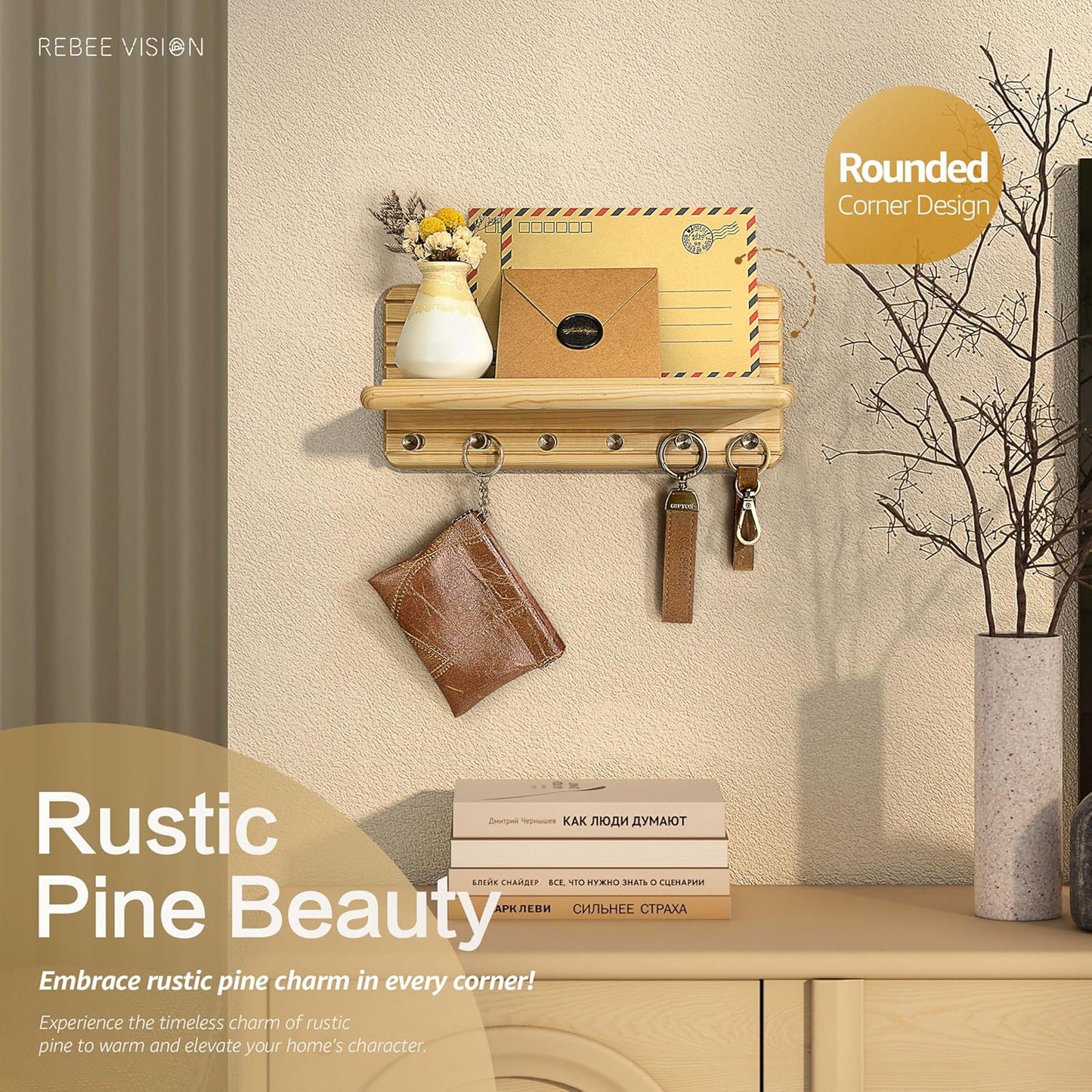 Rebee Vision Farmhouse Key Holder Wall Mount for Home Decor – Decorative Pine Wooden Key Holder for Wall with 6 Hooks & Floating Shelf - Rustic Charm for Room Decor Aesthetic (Brown)