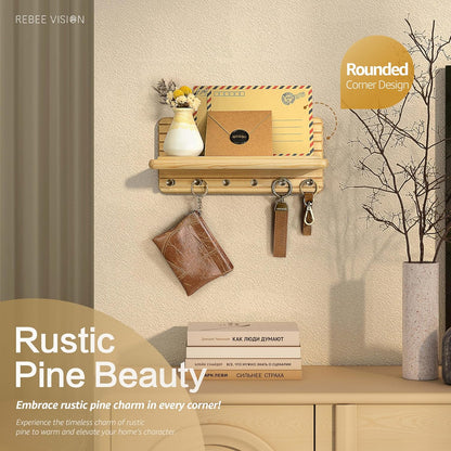 Rebee Vision Farmhouse Key Holder Wall Mount for Home Decor – Decorative Pine Wooden Key Holder for Wall with 6 Hooks & Floating Shelf - Rustic Charm for Room Decor Aesthetic (Brown)