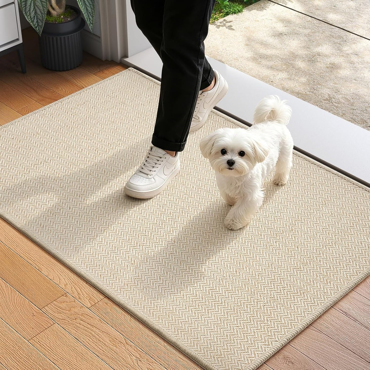 Ultra Thin Door Mat 24"x35" – Low Profile Non Slip Door Mat Indoor Entrance, Washable Absorbent Entryway Mat with Rubber Backing, Dirt Trapper Doormat for Front Door Inside, Beige