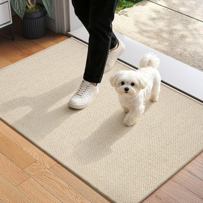 Ultra Thin Door Mat 24"x35" – Low Profile Non Slip Door Mat Indoor Entrance, Washable Absorbent Entryway Mat with Rubber Backing, Dirt Trapper Doormat for Front Door Inside, Beige
