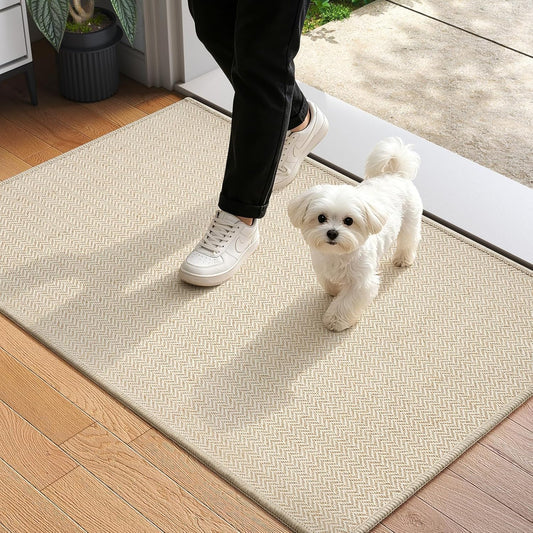 Ultra Thin Door Mat 24"x35" – Low Profile Non Slip Door Mat Indoor Entrance, Washable Absorbent Entryway Mat with Rubber Backing, Dirt Trapper Doormat for Front Door Inside, Beige