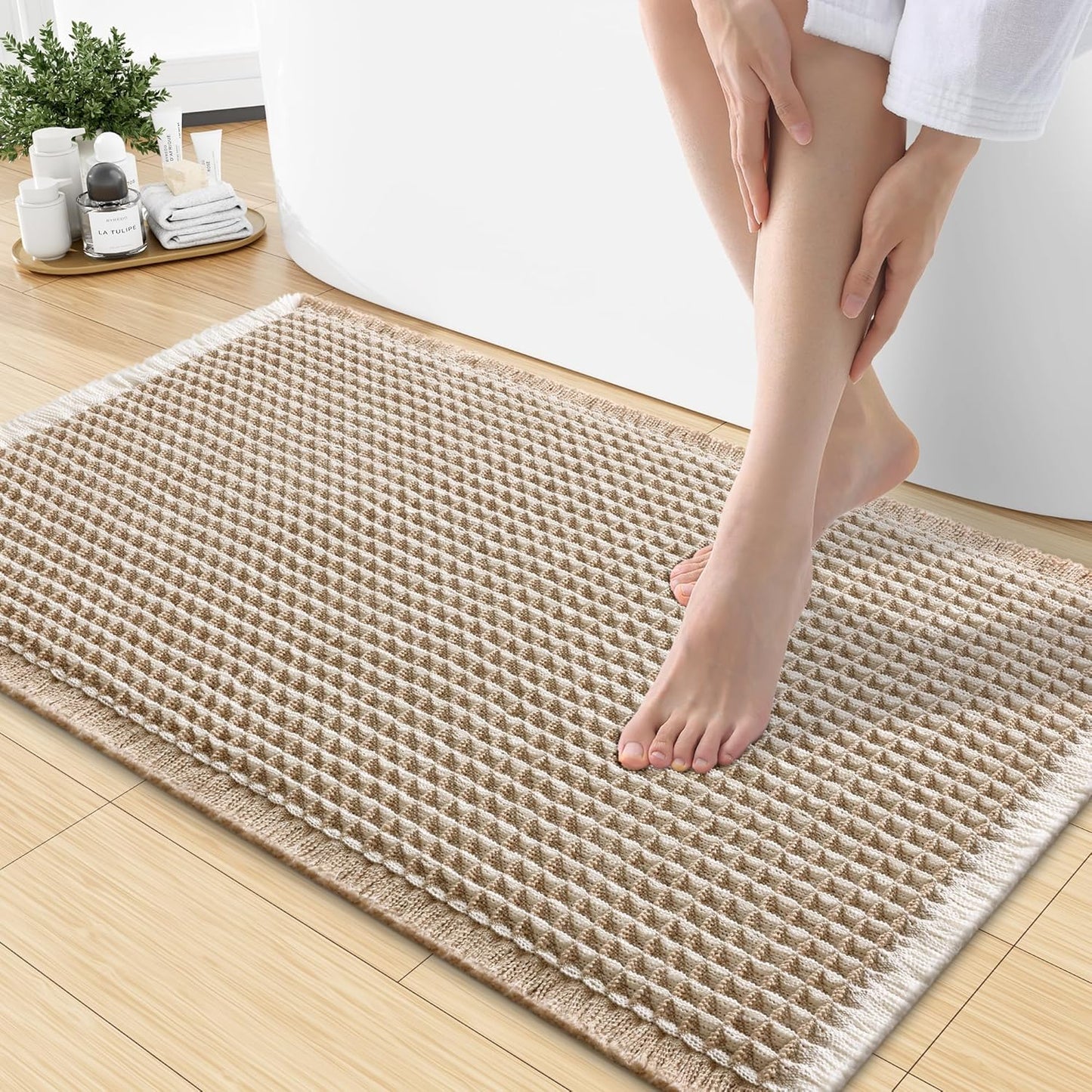 Smiry Waffle Bath Mat 30x20, Extra Soft Absorbent Bathroom Rugs, Non Slip Machine Washable Quick Dry Bath Rugs for Bathroom Floor, Tub, Shower, Home Decor Accessories, Brown