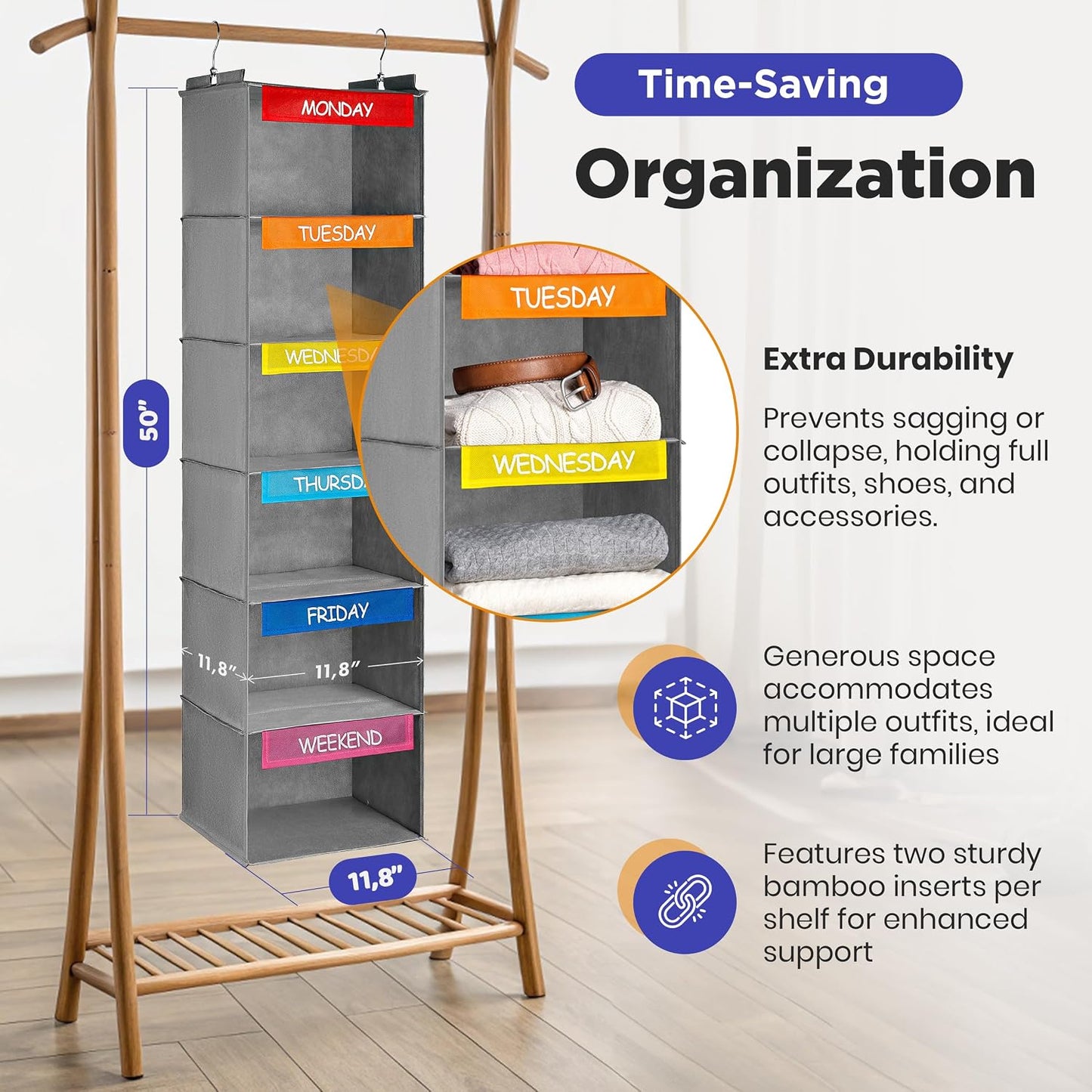 Handy Laundry Weekly Clothes Organizer for Kids, 6-Shelf Bamboo Reinforced | Days of the Week Hanging Closet Shelves, Monday Through Friday and Weekend, School Outfit Storage, Side Pockets, Pink