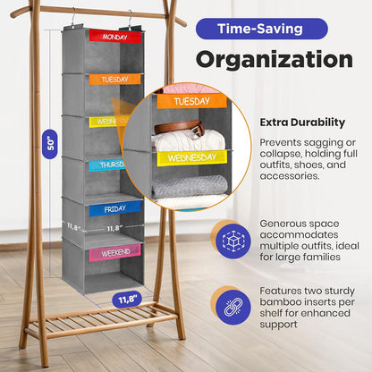 Handy Laundry Weekly Clothes Organizer for Kids, 6-Shelf Bamboo Reinforced | Days of the Week Hanging Closet Shelves, Monday Through Friday and Weekend, School Outfit Storage, Side Pockets, Pink