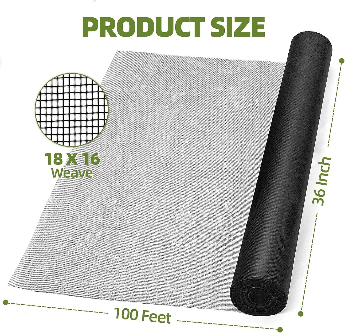56 in × 100 ft Window Screen Mesh, Fiberglass Window Screen Replacement, Screen Mesh Roll for Window, Door, Patio, Porch (Black)