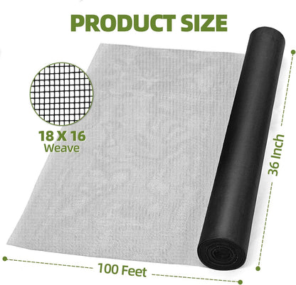 56 in × 100 ft Window Screen Mesh, Fiberglass Window Screen Replacement, Screen Mesh Roll for Window, Door, Patio, Porch (Black)