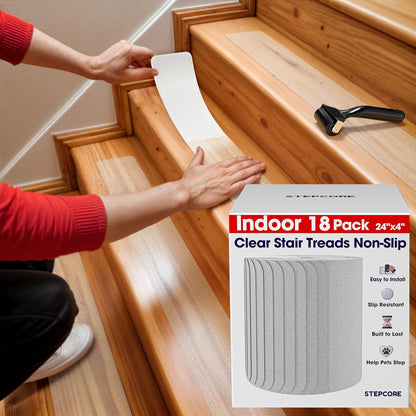 Clear Non Slip Stair Treads for Wooden Steps Indoor 30"x6" – 15-Pack Peel Stick Stair Treads – Self Adhesive Transparent Step Covers – Stair Grip Tape for Dogs, Kids – by STEPCORE