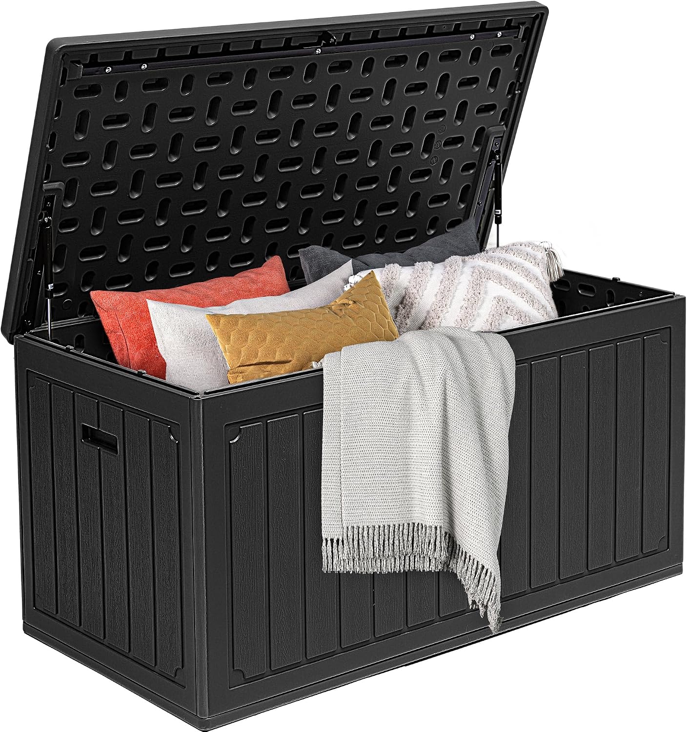 DWVO 100 Gallon Outdoor Storage Box, Large Deck Box Lockable Waterproof and UV Resistant Resin for Gardening Tools, Pool Supplies, Patio Cushions (Black)
