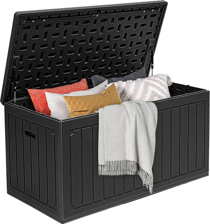 DWVO 100 Gallon Outdoor Storage Box, Large Deck Box Lockable Waterproof and UV Resistant Resin for Gardening Tools, Pool Supplies, Patio Cushions (Black)