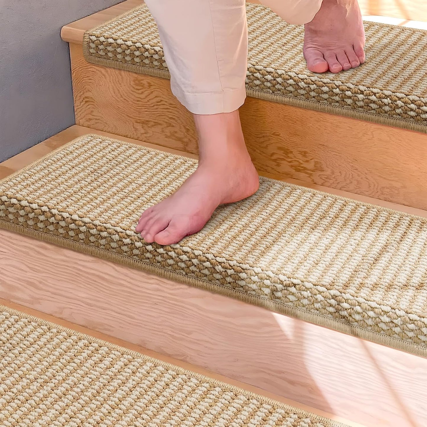 Brakki Bullnose Carpet Stair Treads, Non Slip Stair Treads for Wooden Steps Indoor, Stair Runner, Soft Stair Rugs, Edging Stair Protectors, Washable, 29.5"x9.5"x1.5" 14pcs, Beige