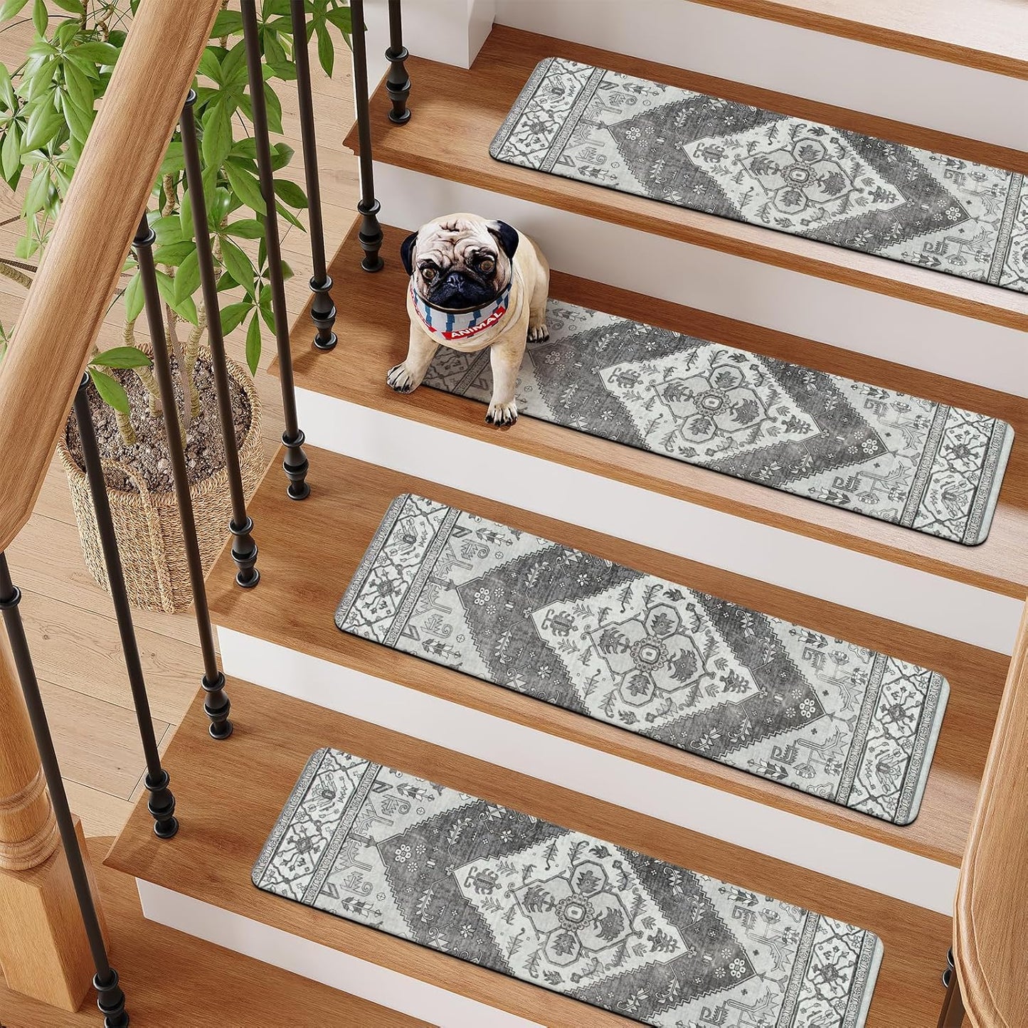 OJIA Non-Slip Carpet Stair Treads for Wooden Steps Set of 15, 30''X8'' Indoor Runner Resistant Rugs Rubber Safety Mats for Dogs, Kids & Elders, Stairway Grip