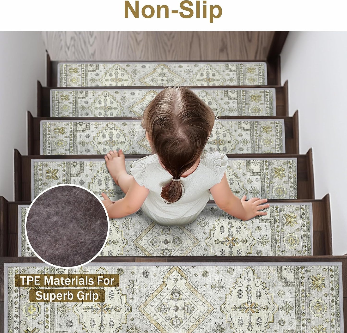 sarben Non Slip Stair Treads for Wooden Steps 15PCS - 8"x30" Indoor Safety Carpet, Edging Mats with TPE Adhesive Backing, Pet and Elderly Friendly Stair Rugs (Taupe) - Colors A