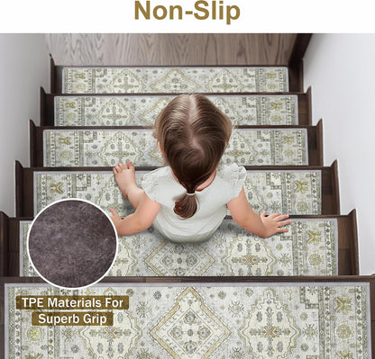 sarben Non Slip Stair Treads for Wooden Steps 15PCS - 8"x30" Indoor Safety Carpet, Edging Mats with TPE Adhesive Backing, Pet and Elderly Friendly Stair Rugs (Taupe) - Colors A