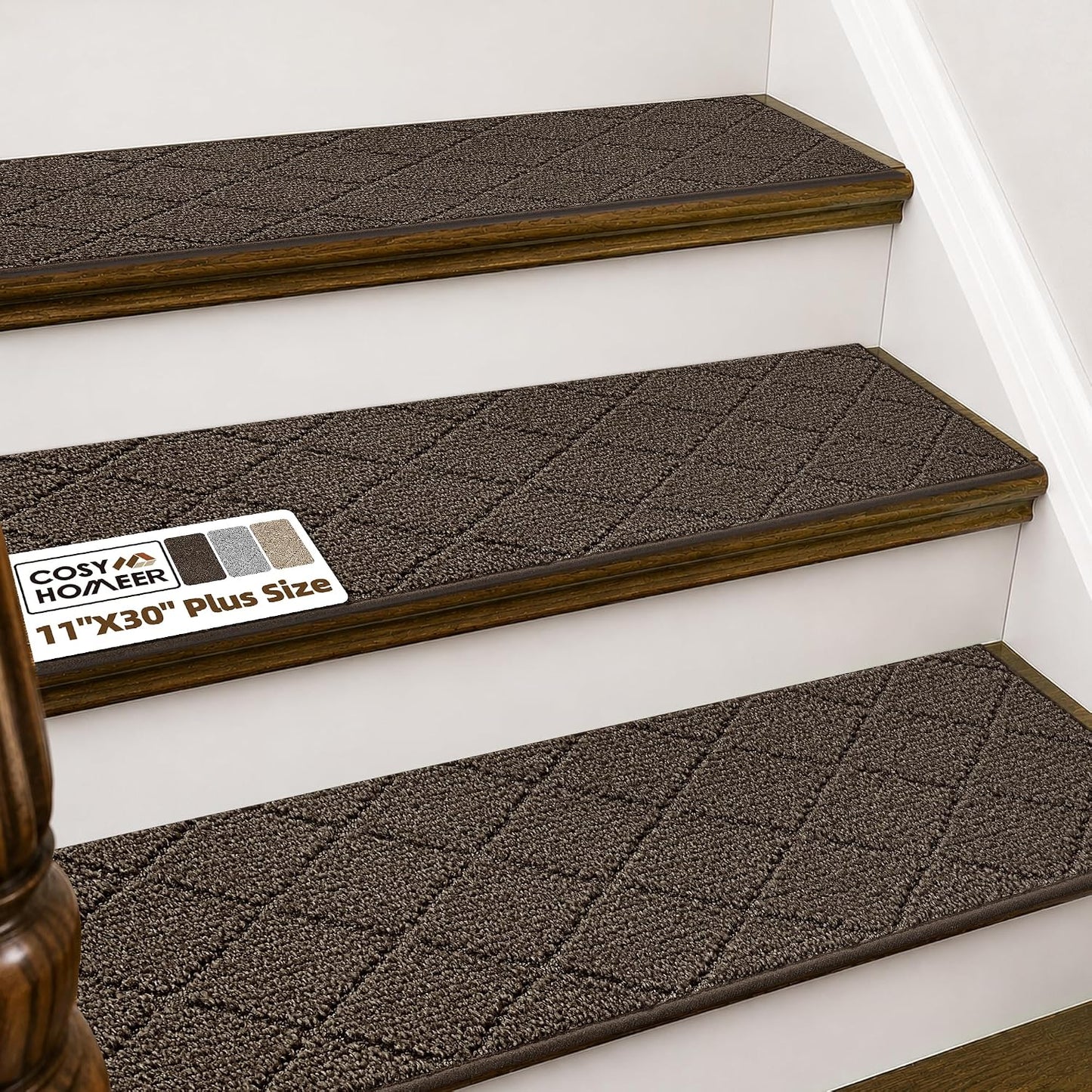 COSY HOMEER Edging Stair Treads Non-Slip Carpet Mat 28inX9in Indoor Stair Runners for Wooden Steps, Edging Stair Rugs for Kids and Dogs, 100% Polyester TPE Backing(4pc, Beige)