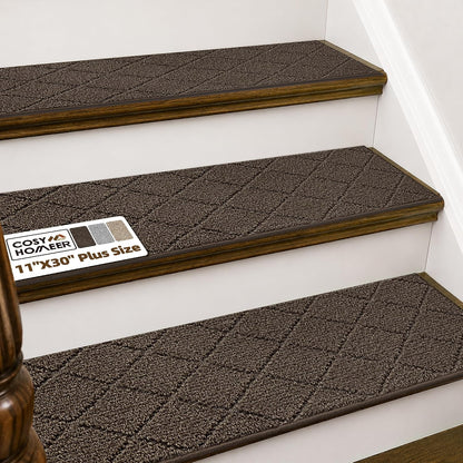 COSY HOMEER Edging Stair Treads Non-Slip Carpet Mat 28inX9in Indoor Stair Runners for Wooden Steps, Edging Stair Rugs for Kids and Dogs, 100% Polyester TPE Backing(4pc, Beige)