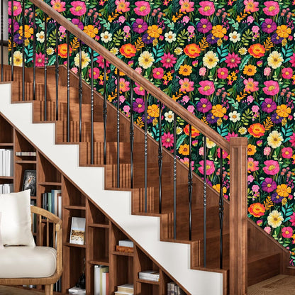BOKEBEVE Watercolour Floral Peel and Stick Wallpaper Boho Vibrant Contact Paper Renter Friendly Wall Paper for Countertop Cabinet Wall Shelf Liner Removable Blue Colorful 17.5 x 118In